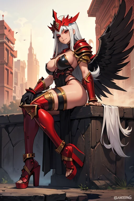 female, silver long hair, red eyes, tan skin, (((1girl))), (((red and black gladiator armor))), (red and black gladiator helmet), (gold jewelry), (black heeled sandals), cute and sexy, large breasts, large butt, full body, long legs, smiling, black angel wings on back