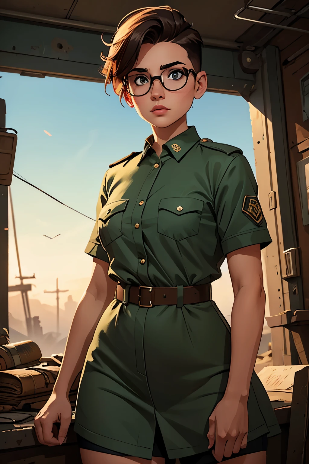 Wide angle, a pretty girl messenger, wearing large glasses, undercut hair, wearing postal uniform, in a post-apocalyptic world