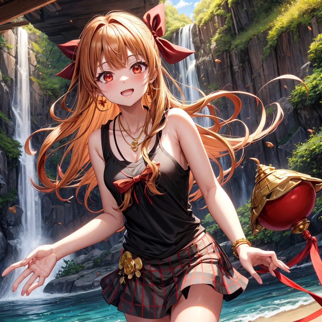 Brown, red, gold, golden hair、Red eyes、One good looking girl、solo、anime、Checkered mini skirt、Black camisole、Black T-shirt、hoodie、Wearing a ribbon、Ribbon on waist、Crystal Earrings、Gemstone Necklace、Light and shadow、Tilting face、Teeth are visible、waterfall、Kuroko、tunnel、pylon、Sunset sky、Towering、frilled lizard、light
