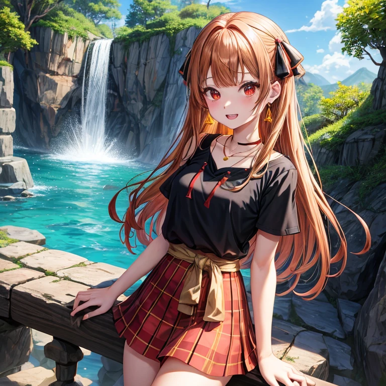 Brown, red, gold, golden hair、Red eyes、One good looking girl、solo、anime、Checkered mini skirt、Black camisole、Black T-shirt、hoodie、Wearing a ribbon、Ribbon on waist、Crystal Earrings、Gemstone Necklace、Light and shadow、Tilting face、Teeth are visible、waterfall、Kuroko、tunnel、pylon、Sunset sky、Towering、frilled lizard、light