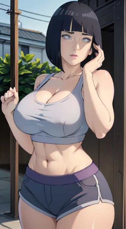 Extremely cute girl, big sized breasts, sports bra and shorts , happy girl, hands up, cleavage, MILFs, thigh legs, short dark blue hair, hair over shoulder, white eyes, sports bra and shorts , perfect curvy shaped body, ultra realistic squinting sexy eyes massive sized breasts, standing, thigh legs, white eyes, beautiful and perfect face, sunlight and garden background, short hair, white colour eyes