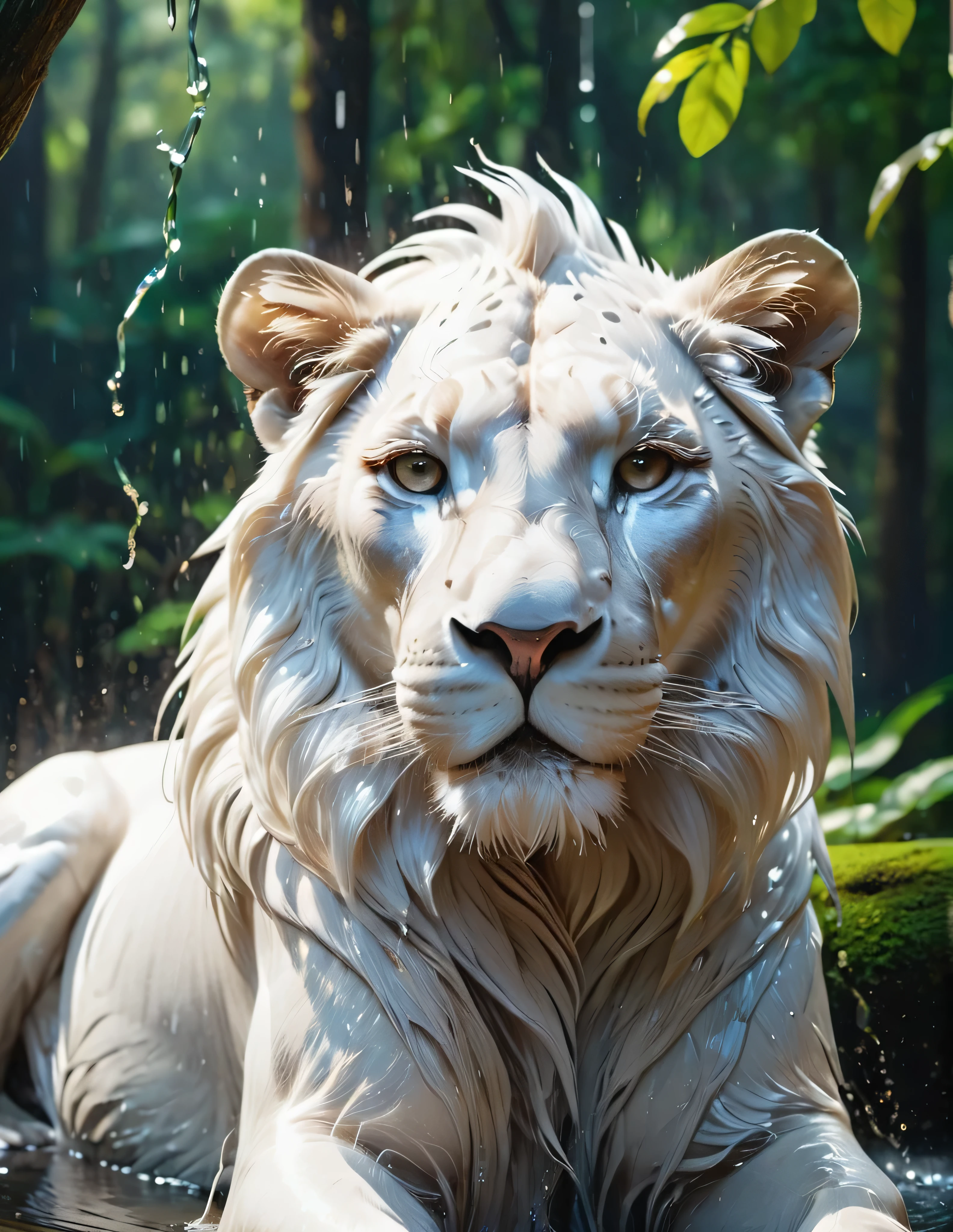 #quality(8k wallpaper of extremely detailed CG unit, ​masterpiece, hight resolution, top-quality, top-quality real texture skin,hyper realisitic, digitial painting,increase the resolution,RAW photos，best qualtiy,highly detailed,the wallpaper),BREAK,white lion head(full body,bathe,beautiful white ,shiny feathers,head close up shot, repelling water),#background(,in beautiful forest,dappled sunlight,raining),(head close up shot:2.0)