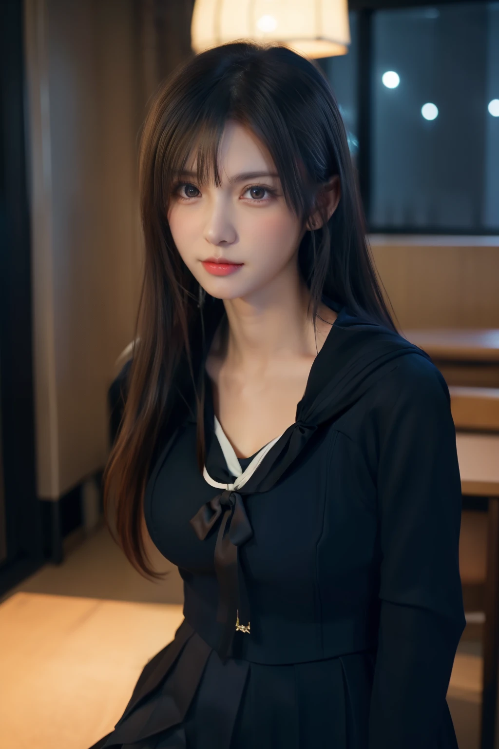 1 girl, (highest quality:1.4), (Very detailed), (Very detailedな美しい顔), Great face and eyes, black eye, Black Hair, (Sailor suit, school uniform:1.2), (Cleavage), Smooth, 8K wallpapers incorporating detailed CG, High-resolution RAW color photos, Professional photos, Light, BackLight, dream-like, impressive, Written boundary depth