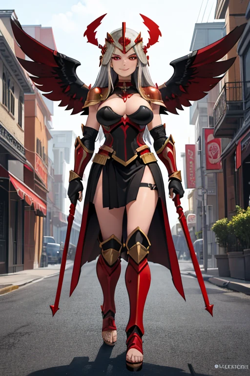 female, silver long hair, red eyes, tan skin, (((1girl))), (((red and black gladiator armor))), (red and black gladiator helmet), (gold jewelry), (black skirt), (black heeled sandals), cute and sexy, large breasts, large butt, full body, long legs, smiling, black angel wings on back