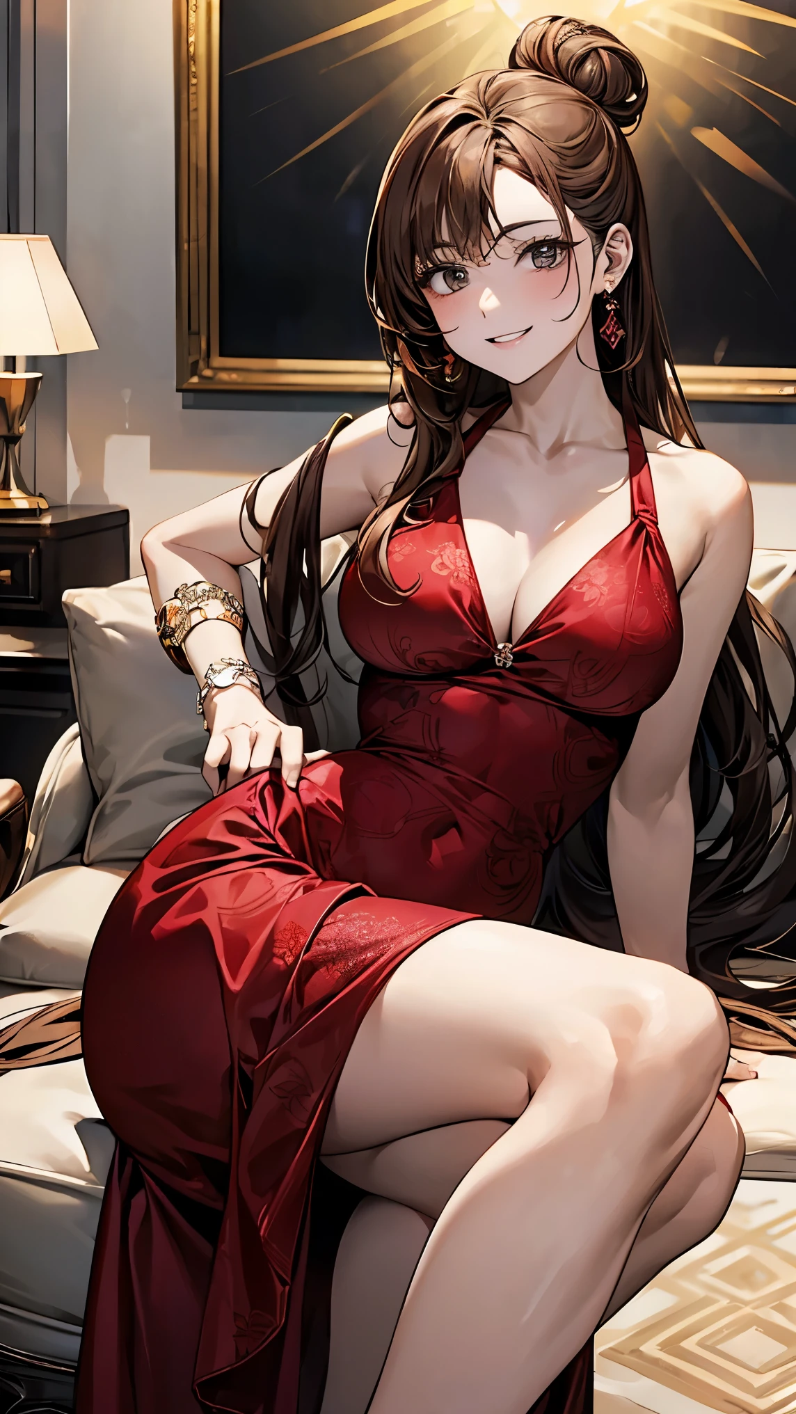 36-year-old woman、((Light brown hair, Straight hair, Medium Long Hair:1.6, Hair Bun)), (Narrow eyes:1.6、Big black eyes), smile、Thin but well-proportioned body、I&#39;wearing stiletto heels、smile、Wrist Accessories、((She is wearing a high-necked red dress that shows off her cleavage.., Clothes with beautiful patterns))、painting exhibition hall, Sexy pose