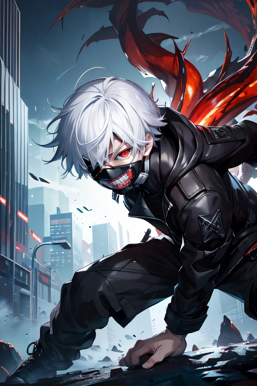 8k, anime, portrait, best quality, ultra high res, ultra detailed, high contrast color tone, extremely detailed lighting, soft lights, (masterpiece, high quality:1.4), (kaneki ken, white hair, red and black eye, mask | teeth, blood eyes, black jacket, scorpio tentacles), blood, ((full body)), (dynamic pose), ruined city background, thrilling, (fierce face)