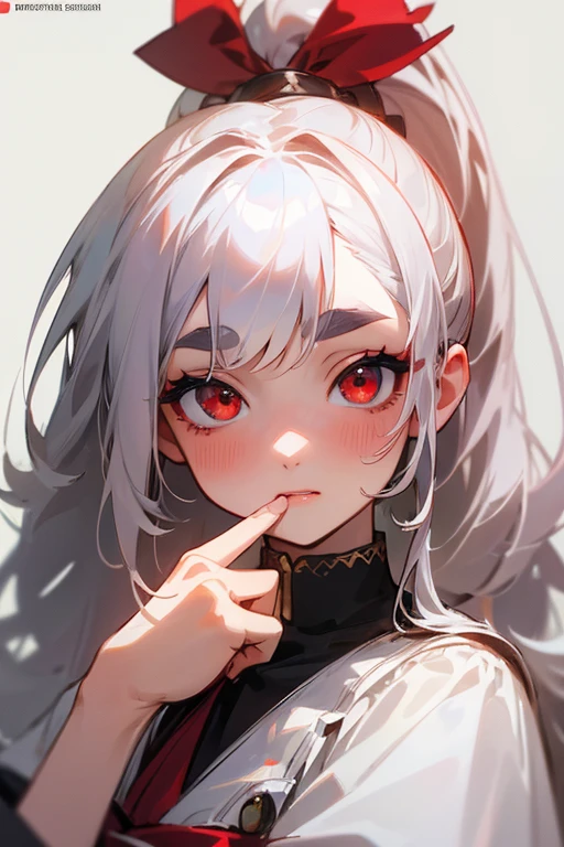(highest quality, masterpiece:1.2), High resolution, Very detailed, Realistic:1.37, Fantasy, An illustration, Hair is whiteいです、Red Eyes、Queen, White Dress.Platinum decoration、beautifully、Eyeshadow Red、Thick eyebrows、Long eyelashes、pupils are black、Hair is whiteい、Kissing Face、Embarrassed、Loved、ponytail、Hair is white、