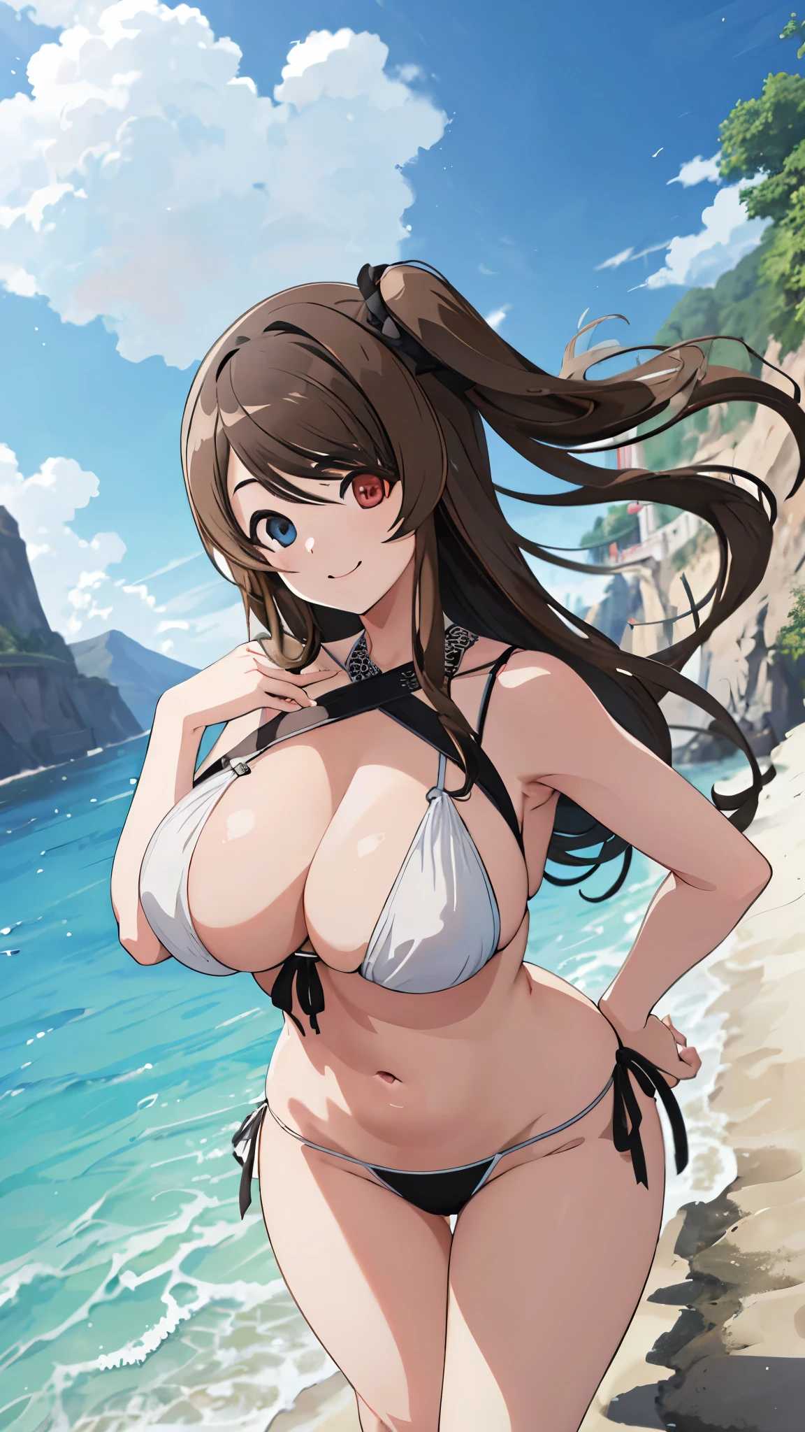 High resolution,masterpiece, highest quality, Kuo Shenlin , heterochromia , smiling , (((busty))), ,1girl, large breasts , sensual body, Her cheeks flushed, vaginal secretions , Brown hair , micro bikini , , swim suit , beach ,