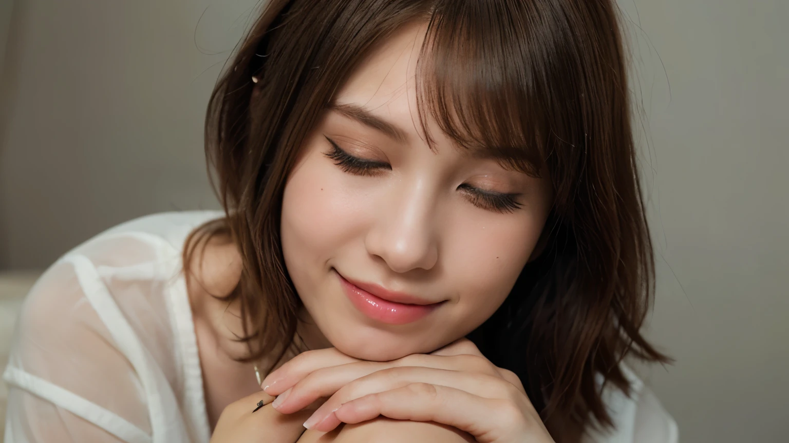 Very beautiful and angelic cute girl, beautiful and detailed eyes, dense double eyelids, (closed eyes kissing face: 1.3), long eyelashes, see-through bangs, (beautiful detailed face and eyes: 1.4), small nose , small mouth, beautiful short bob hair, happy smile showing teeth, camisole and miniskirt (highest quality: 1.2) above the knee, raw photo, high resolution, perfect details, professional shooting, beautiful woman in white underwear, beautiful legs ,illumination