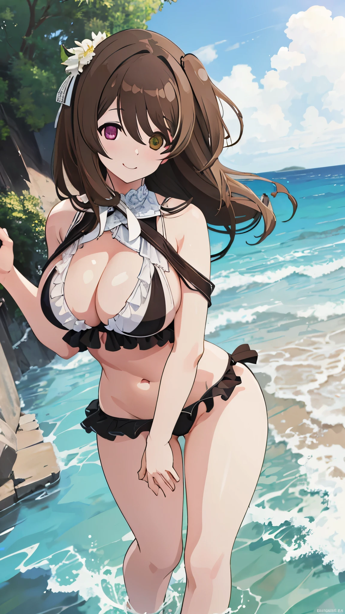 High resolution,masterpiece, highest quality, Kuo Shenlin , heterochromia , smiling , (((busty))), ,1girl, large breasts , sensual body, Her cheeks flushed, vaginal secretions , Brown hair , micro bikini , , swim suit , beach ,
