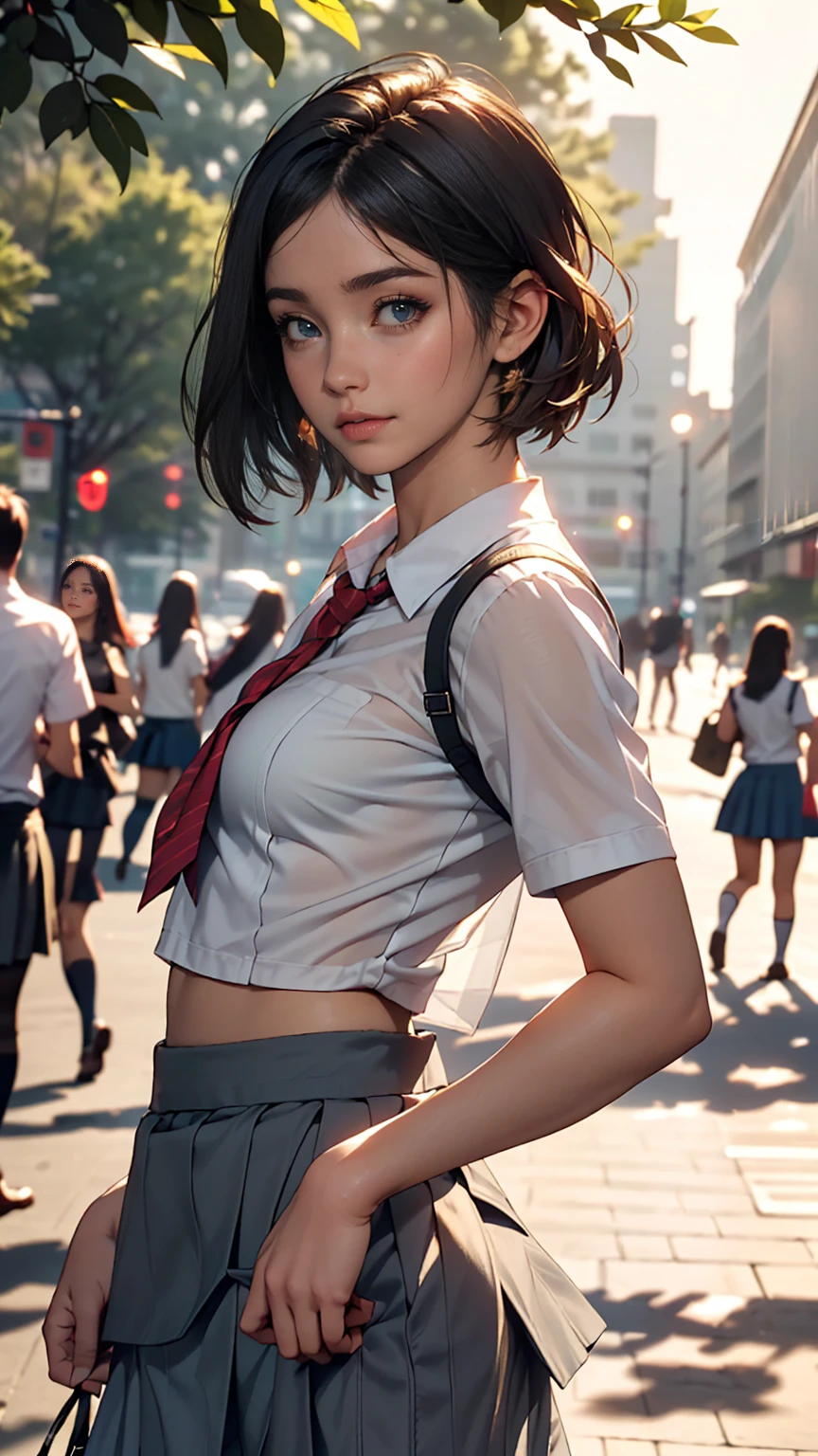 18-year-old female, Long Hair, RAW Photos, Bokeh (realism: 1.4, Realistic), High-definition CG integrated 8K wallpaper, One girl, ((The body is slim: 1)), (Small breastss: 1), Back to viewers, ((Direct view from the front)), (high qualityスキン: 1.4), 8K Ultra HD, Digital SLR, Soft Light, high quality, Film Grain, Fujifilm XT3, ((school uniform, Short skirt,The open skirt is visible through:1.5)), ((Outdoor, at the park))) Janju, Portraiture,((Layered Short Haircut, Black Hire,Small breasts:1.2)),(View your viewers:1.4),(whole body:1.8)