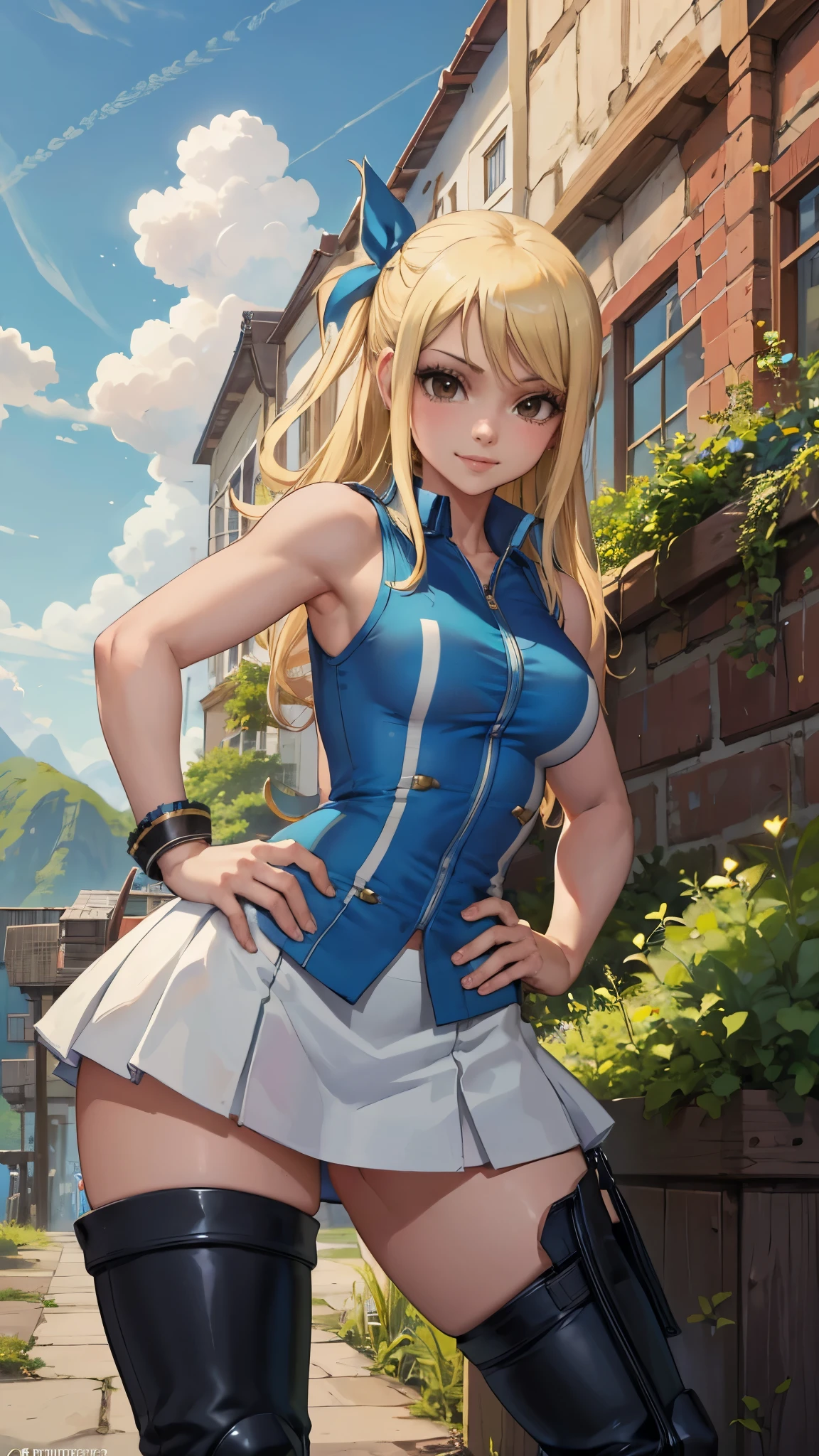 (masterpiece, best quality:1.2), solo, 1girl, lucy heartfilia, smile, looking ta viewer, hands on hips, blue sleeveless, miniskirt, thigh boots