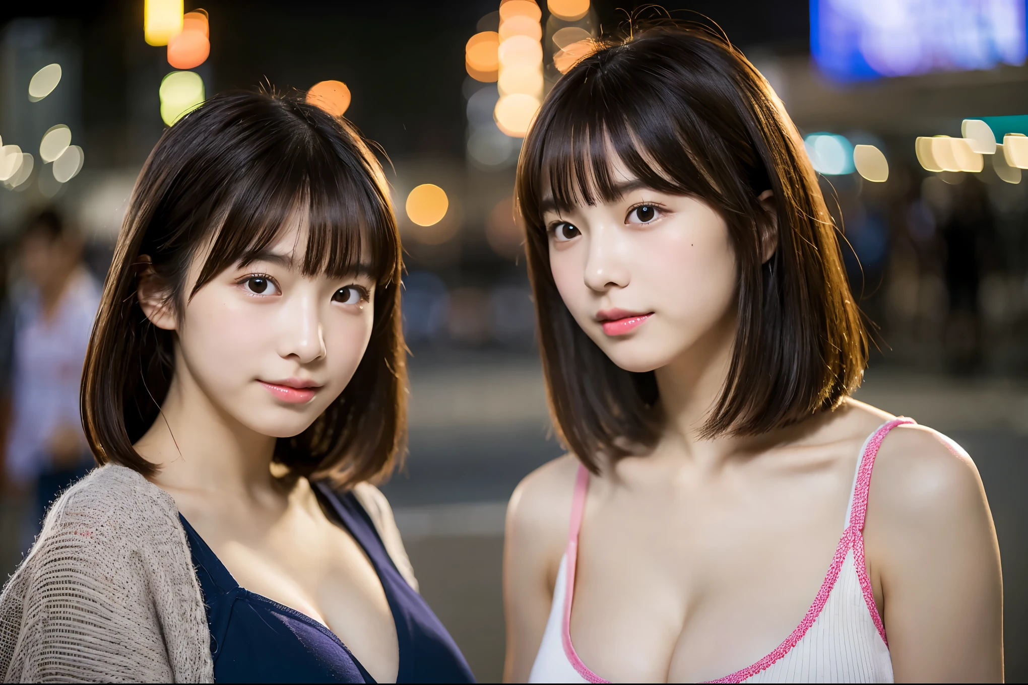 Very detailed Amazingly high quality Very super high quality Surreal photograph Three Japanese Girls Each girl has a different hairstyle randomly Fair skin ((Half-open lips:1.3)) Beautiful and soft skin ((Beautifully styled straight short hair)) Beautiful and perfect body surprisingly very cute A beautiful and clear-skinned young man々new skin 16 years oldool girl wearing a thin camisole) Big Breasts whole body Ey Busy city ((night)) Audience'perspective Front view (Big Breasts:1.3) (Cleavage) (Amazgirl:1.3) (whole bo)