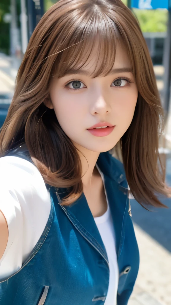 Best quality, 8k,  ,Masterpiece :1.3)), facing viewer,((full body1.2)) ,pretty woman, wide shot ,1girl, , selfie   , , Bus Stop,, brown hair  , bangs,ultra-detailed face, highly detailed lips, detailed eyes, double eyelid