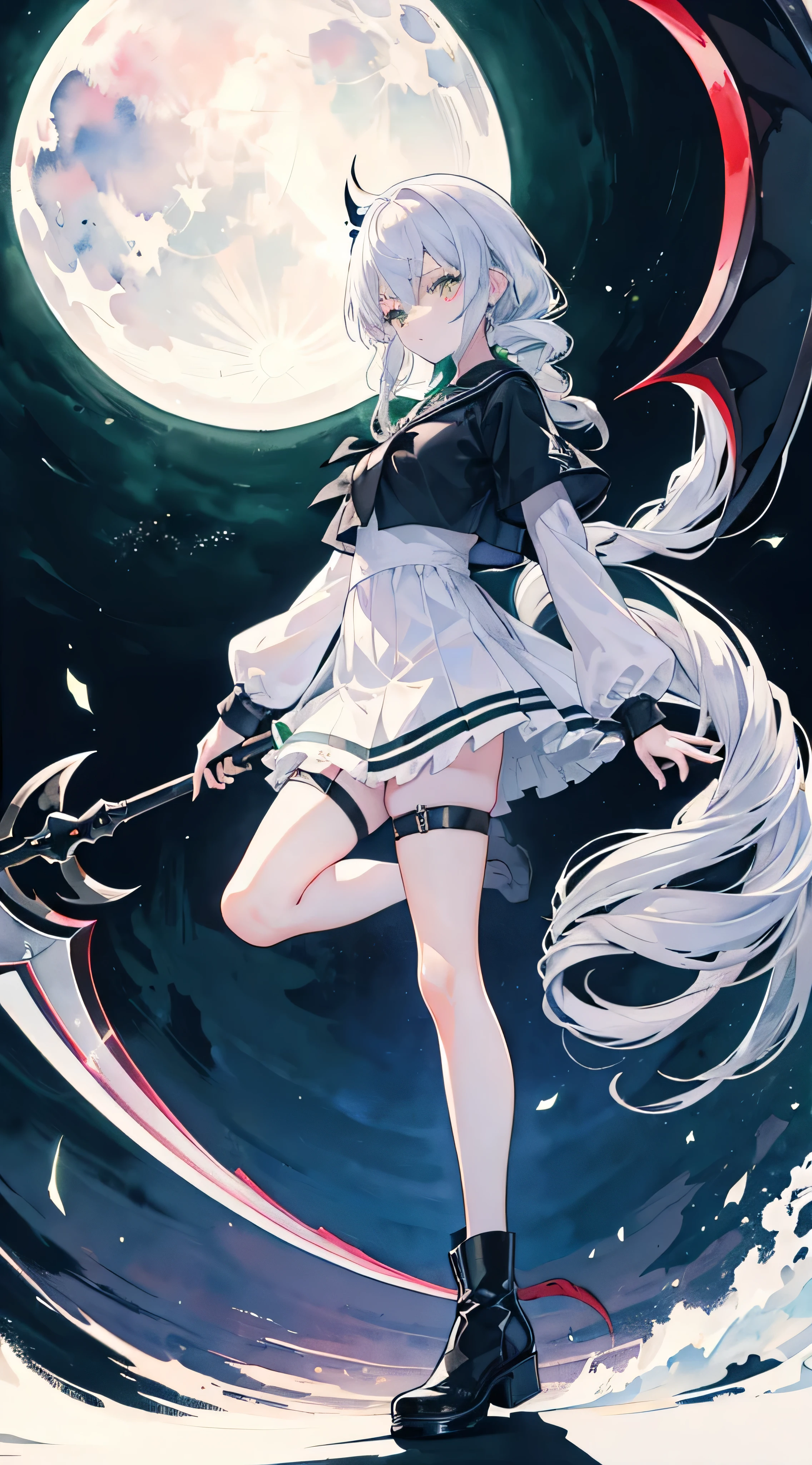 ((scythe)),green eye best quality ultra-detailed,unity 8k wallpaper,embarrassed,sailor suit,((twin drills)),scythe,dark fantasy,((watercolor)),full body,Moonlit Garden,((glowing eyes)),beautiful girl,silver hair,wide shot,braided boots