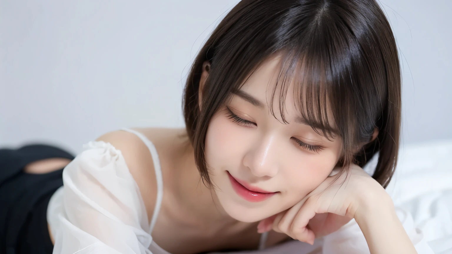 Very beautiful and angelic cute girl, beautiful and detailed eyes, dense double eyelids, (closed eyes kissing face: 1.3), long eyelashes, see-through bangs, (beautiful detailed face and eyes: 1.4), small nose , small mouth, beautiful short bob hair, happy smile showing teeth, camisole and miniskirt (highest quality: 1.2) above the knee, raw photo, high resolution, perfect details, professional shooting, beautiful woman in white underwear, beautiful legs ,illumination