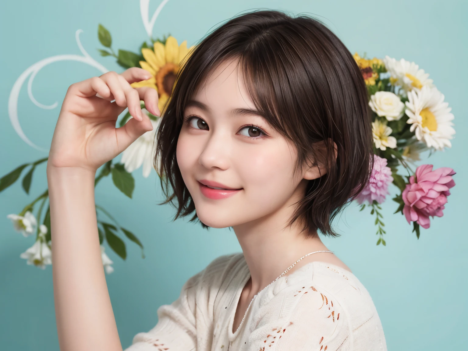 215 Short Hair, 20-year-old woman, A kind smile, Floral