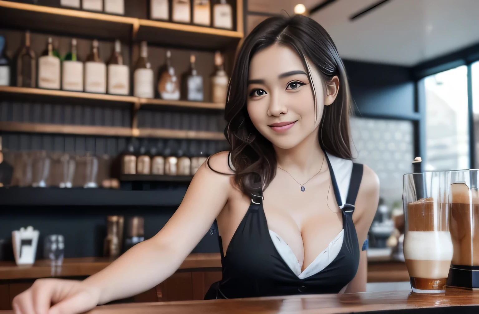 (Browsing Caution:1.4),
One Girl, cute face, with round face, baby-face, face, (Cubby:0.9), Medium Hair, a small face, Big Breasts,Cleavage、 18-year-old, (Girl looking younger:1.1),
Breaking HA,
Feeling good, Feeling happy,
Grin, (cute :1.3), (Barista:1.3), (Bartender Costume:1.3),
(Dynamic Angle, Dynamic pose:1.1), (Random pose, Land Angle:1.1),
break,
Tabletop, highest quality, 8k, detailed, detailed face and skin, High Resolution, Perfect Anatomy, Physically Based Rendering, Realistic, Symmetrical clear eyes, Well-groomed face,