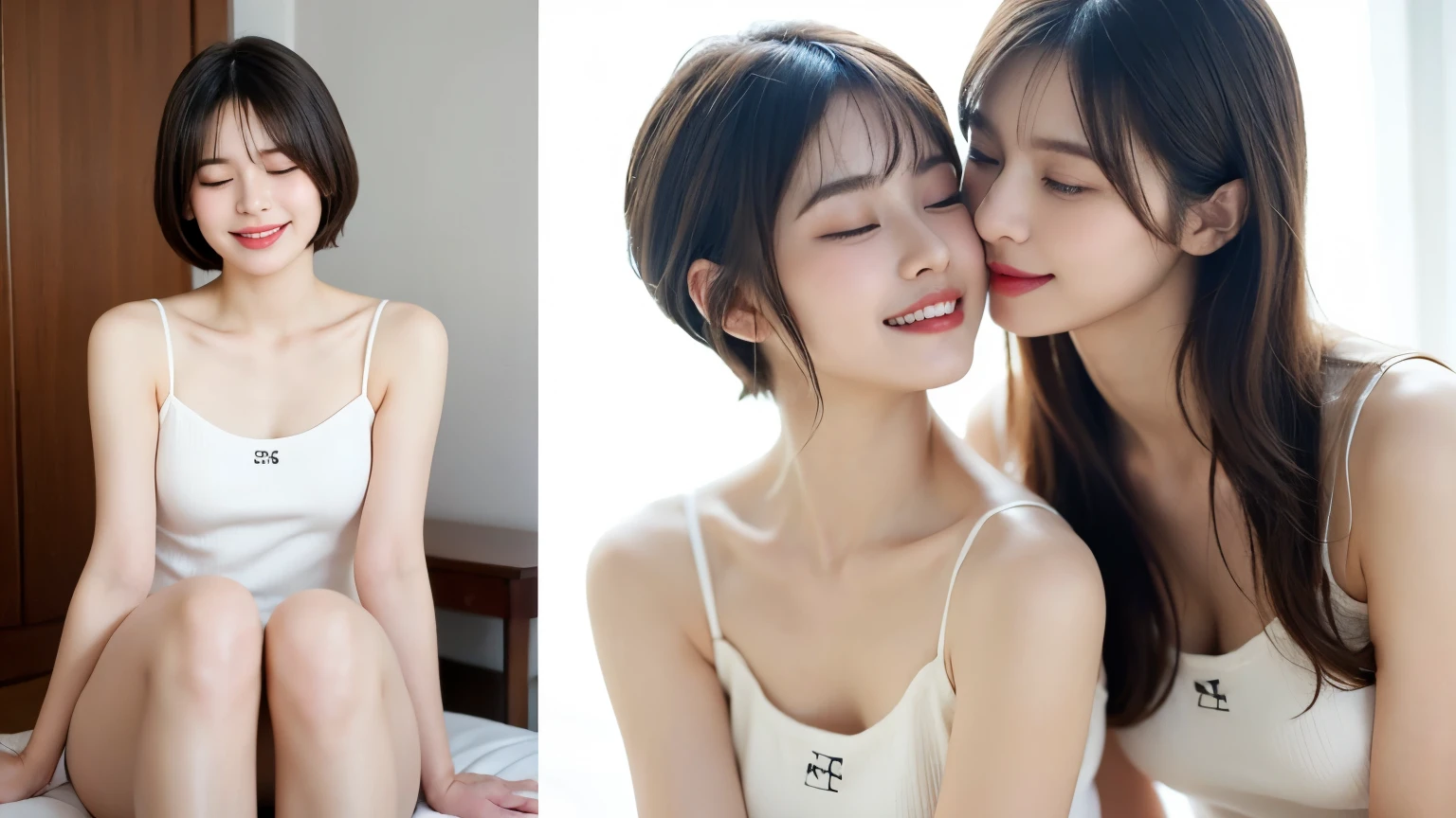Highest quality、masterpiece、Ultra-high resolution、8k、Clear photos、2people々々々Very cute girl、beautiful girl、Bian、same-sex love、Girl in Love2people々々々々、Completely naked、Hug from behind、(Very short hair:1.6)、Beautiful and delicate skin、(Small breasts、Flat Chest)、slender、(massage the breasts、good)、kiss、Expressions of joy、Breathtakingly beautiful、Expressions of joy