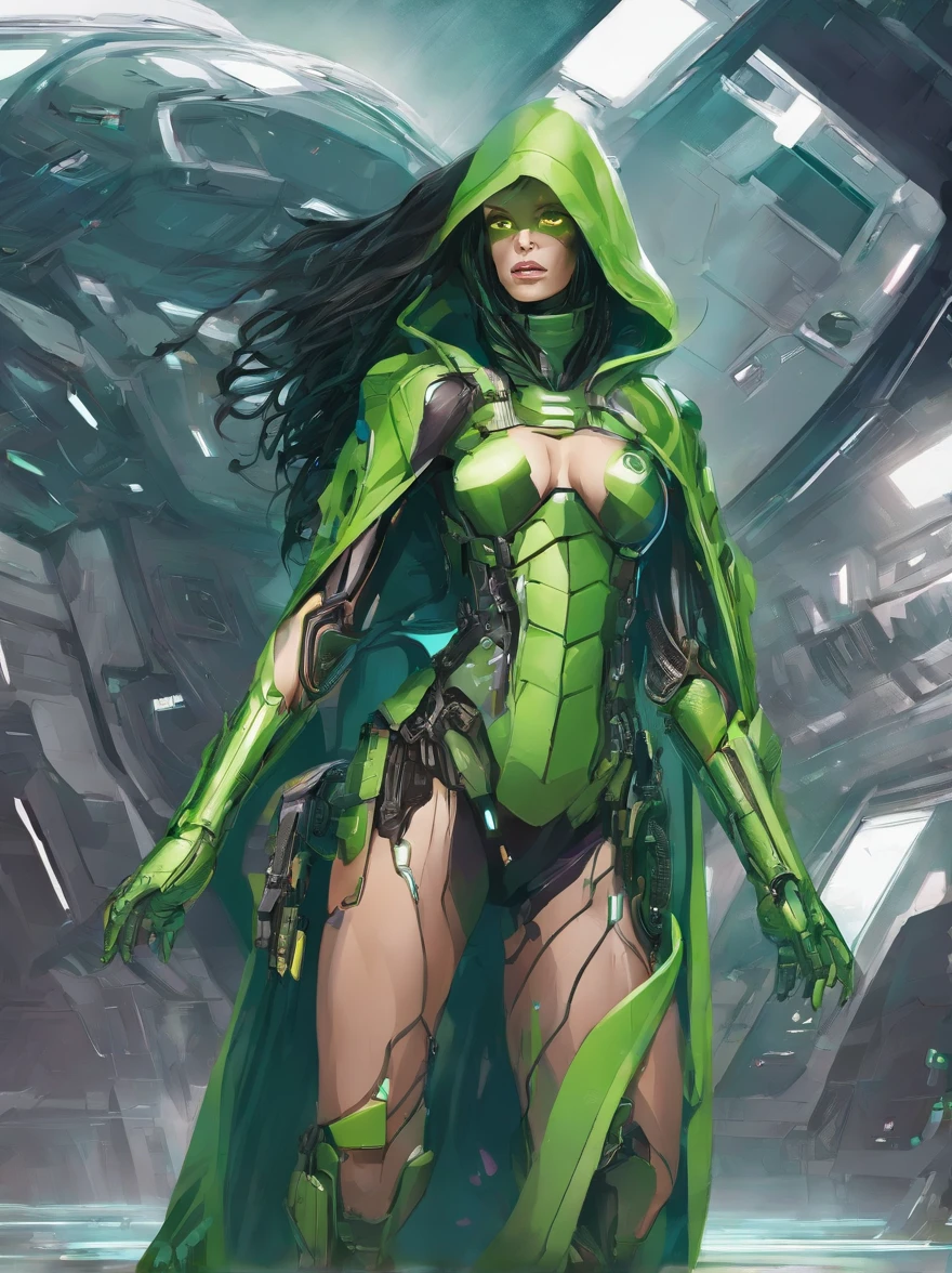 Frau, alter 30, athletic physique, mechanische Arme, Laserschwert in der rechten Hand, Long green dreadlocks, dark hooded cloak over the back
