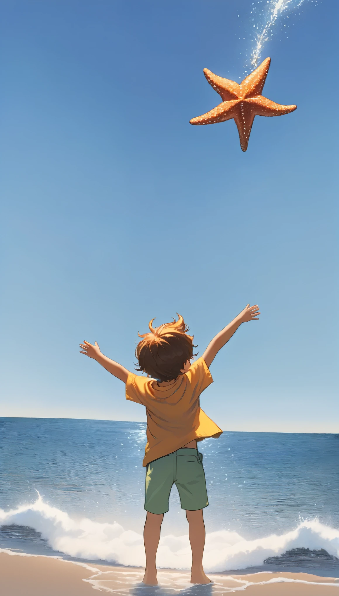 young boy casual clothing throwing a starfish into the ocean back view