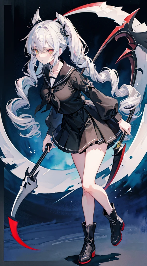 ((scythe)),green eye best quality ultra-detailed,unity 8k wallpaper,embarrassed,sailor suit,((twin drills)),scythe,dark fantasy,((watercolor)),full body,Moonlit Garden,((glowing eyes)),beautiful girl,silver hair,wide shot,braided boots