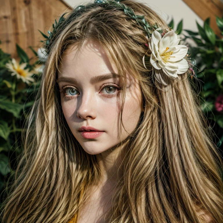 style girl with long hair and flowers in her hair.UHD, masterpiece, super detail, best quality, highres, 16k, HD