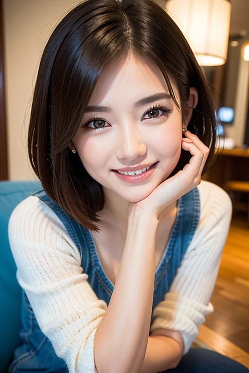 ((highest quality)), ((masterpiece)), (Familiar), Perfect Face, masterpiece、highest quality、High resolution、wallpaper、Realistic、Bright lighting、Professional Lighting、Face Light、Smooth lighting、Japanese women、20th Gen Midplate、so beautiful、Beautiful Skin、Beautiful and detailed、Familiar顔、slim、moderately、short hair、Brunette colored hair、Brown eyes、Looking at the camera、Cafe sofa、 commercial photography, Beautiful Instagram Influencer Girls, The best smile,Daytime、VNeck T-shirt、Cleavage cutout、All fours