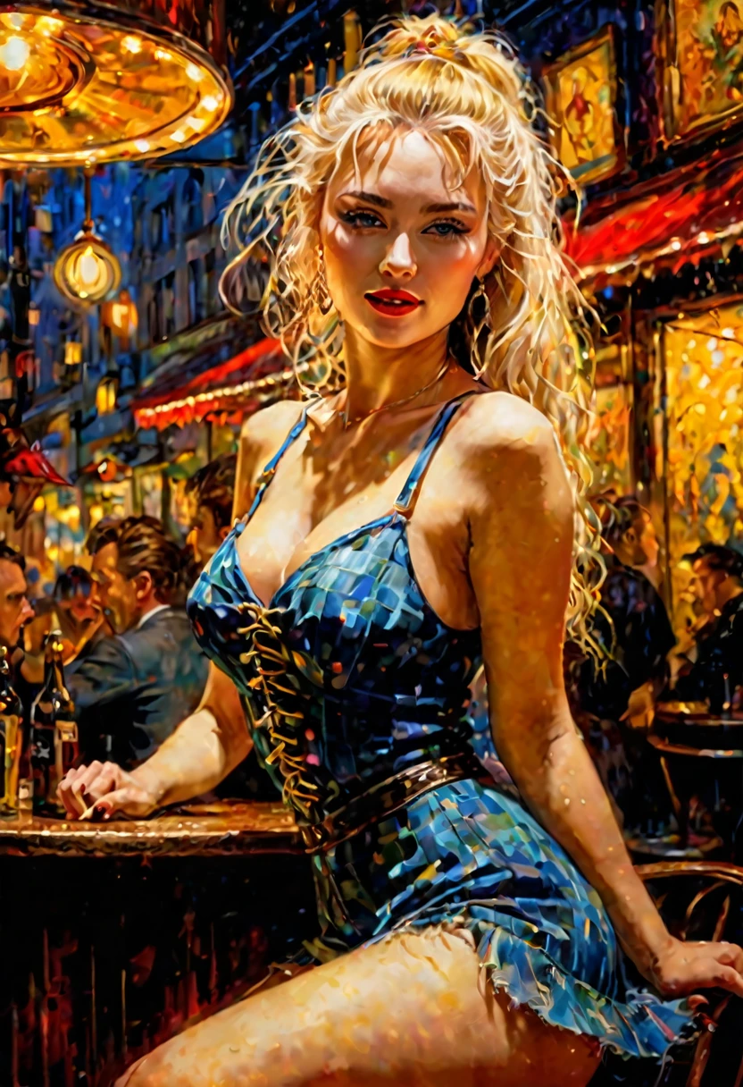 very sexy girl, blonde with long hair, small breasts, posing in a very tight dress on the streets of Venice, oil painting, moody atmosphere, photorealistic, intricate details, masterpiece, ultra-detailed, high quality, 8k, best quality, realistic, cinematic, dark and brooding, expressionistic, powerful composition, emotional impact, Bill Sienkiewicz inspired art
