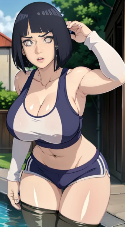 cute girl, big sized breasts, sports bra and shorts, boxing gloves, MILFs, thigh legs, angry expressions, anger face, sweating, muscular arms, abs, shiny skin, wet body, wet hair,  cleavage, MILFs, thigh legs, short dark blue hair, hair over shoulder,  white eyes, sports bra and shorts , perfect curvy shaped body, ultra realistic squinting sexy eyes massive sized breasts, standing, thigh legs, white eyes, beautiful and perfect face, sunlight and garden background, short hair, white colour eyes