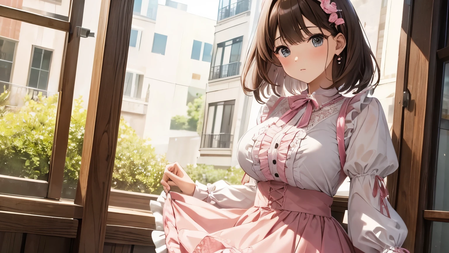 A blouse with lots of ruffles and lace A pink skirt with lots of frills and lace Panniers Beauty Brown bob with hair ornament Upper Body Big Breasts