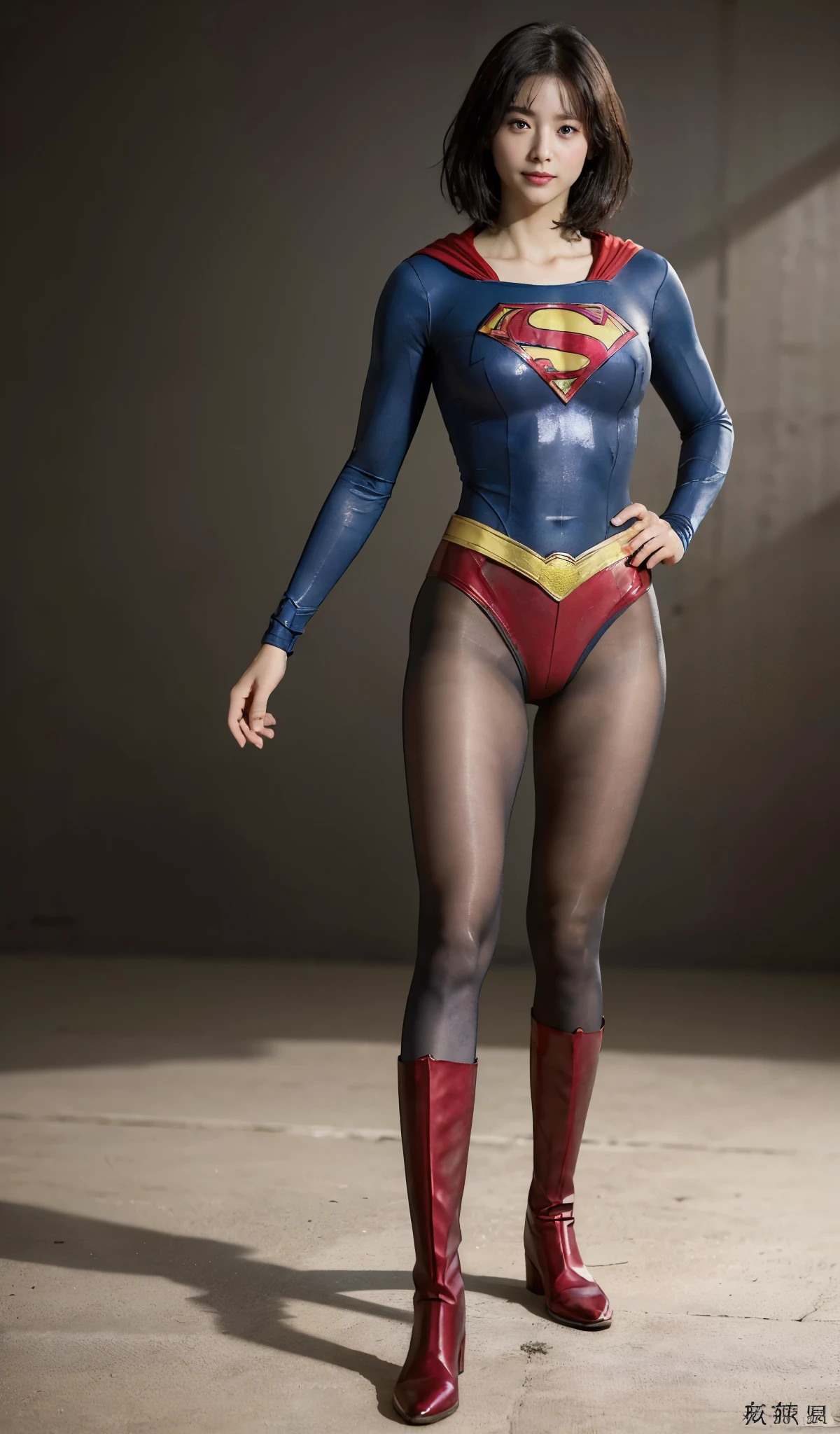 No background、(((Beautiful legs in black tights.)))、(((Legally express the beauty of your smile)))、((((Make the most of your original images)))、(((Supergirl Costume)))、(((beautiful short bob hair)))、(((suffering)))、(((Please wear black tights....、Wear red boots)))、((Best image quality、8K))、((highest quality、8K、masterpiece:1.3))、(((Preserve background )))、Sharp focus:1.2、Beautiful woman with perfect figure:1.4、Thin abdominal muscles:1.2、Wet body:1.5、Highly detailed face and skin texture、8K