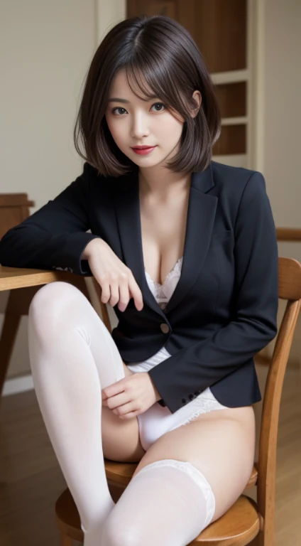 Tabletop, highest quality, shape, Very detailed, finely, High resolution, 8k wallpaper, 完璧なダイナミックな構shape, finelyて美しい目, suit,hot cut hair，Natural color lip, Sit on a chair and cross your legs,smile、25-year-old woman，Red eyeshadow，White panties、Panty shot、When wearing black tights or stockings，