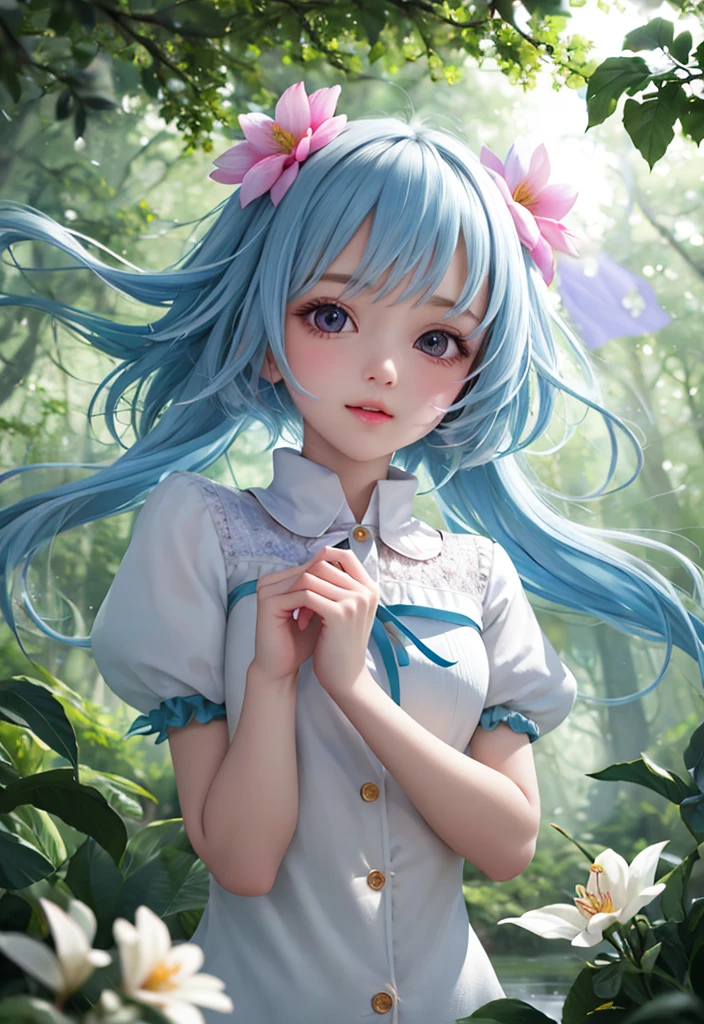 girl in a forest with floating flowers, river, puffy, puffy cheeks, cute,
vibrant colors, colorful art style, 
soft lighting, soft shadows, detailed textures, dynamic lighting,  
nice hands, perfect hands, 
