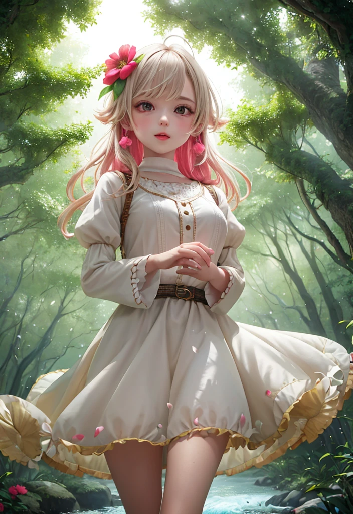 girl in a forest with floating flowers, river, puffy, puffy cheeks, cute,
vibrant colors, colorful art style, 
soft lighting, soft shadows, detailed textures, dynamic lighting,  
nice hands, perfect hands, 
