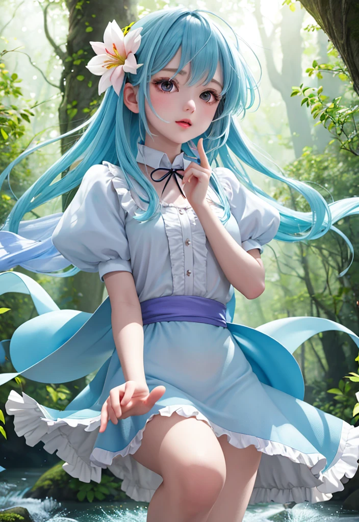 girl in a forest with floating flowers, river, puffy, puffy cheeks, cute,
vibrant colors, colorful art style, 
soft lighting, soft shadows, detailed textures, dynamic lighting,  
nice hands, perfect hands, 
