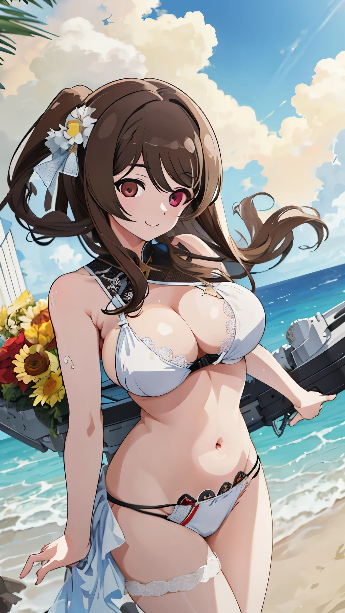 High resolution,masterpiece, highest quality, Kuo Shenlin , heterochromia , left red eye ,right yellow eye ,, smiling , ((())), ,1girl, large breasnsual body, Her cheeks flushed, vaginal secr , Brown hair , micro bikini , , swim suit , beach ,