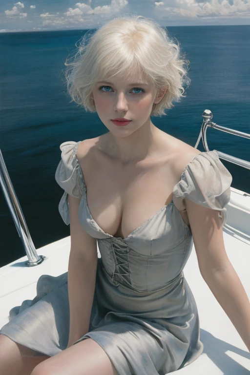 Top quality image, masterpiece, digital illustration, Mark Simonetti style, Howard Lyon, Arthur Rackham, aerial perspective, rule of thirds, beautiful Girl, pretty face, light make-up, platinum blonde short hair, sitting on yacht, cumulus clouds, oilpainting