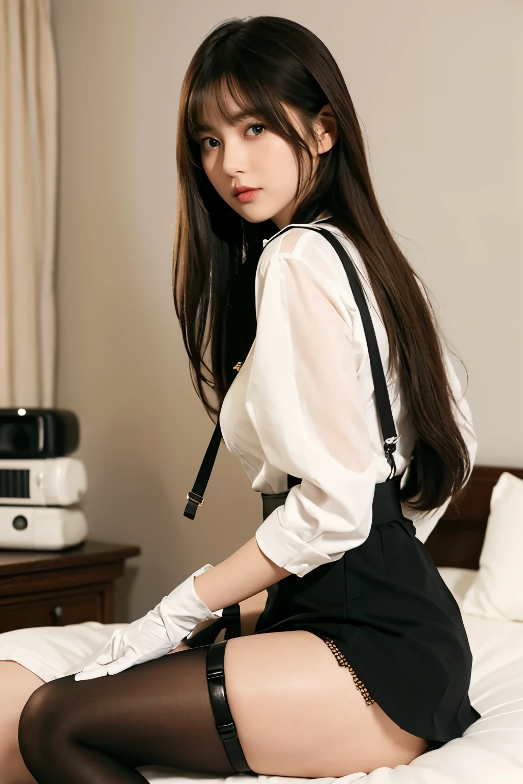 Brown hair、Watching the audience suspenders Large swollen breasts Black mini skirt garter belt Knee-high socks Side view Small face bangs Beauty Sideways glance one person Dress shirt Hands Behind Back put your hands behind your back With your hands behind your back holster A belt, garter bells, black gloves with holes, a hotel room Bed Wall side
