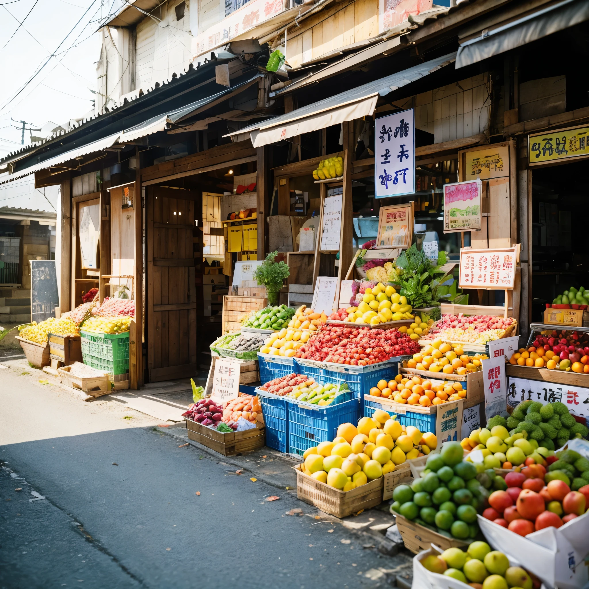 Mini mart entrance with two small rows of fruits on both sides of the entrance no human