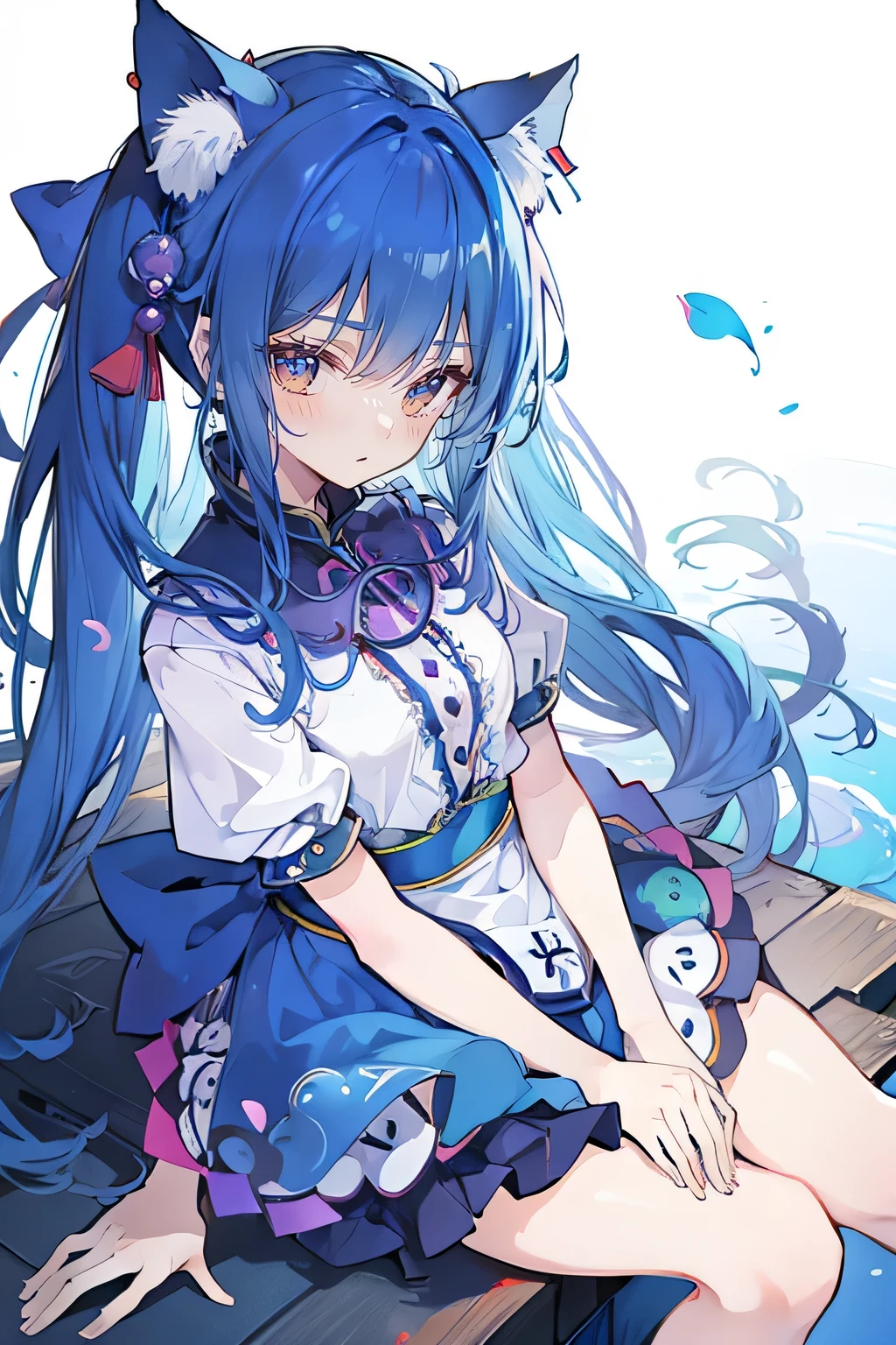 (masterpiece:1.2),ultra-detailed,realistic,expressive eyes,fair-skinned,perfectly shaped face,1girl,
Japanese cartoons,Gorgeous blue hair, flowing blue hair,floating clothes,cat ears,petals falling,beautiful Lola,Hina Angel,
hands on waist,gracefully sitting on the ground,legs crossed,gentle and serene background,cool and comfortable pavilion.