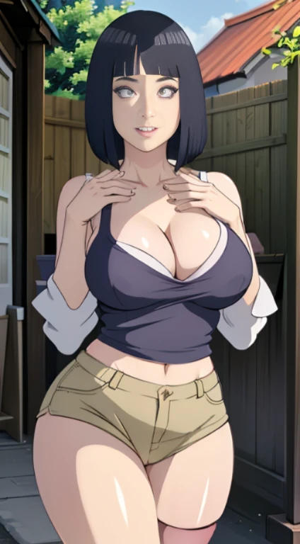 Extremely cute girl, big sized breasts, smiling, opened shirt and shorts , happy girl, hands up, cleavage, MILFs, thigh legs, short dark blue hair, hair over shoulder, white eyes, opened shirt and shorts , perfect curvy shaped body, ultra realistic squinting sexy eyes massive sized breasts, standing, thigh legs, white eyes, beautiful and perfect face, sunlight and garden background, short hair, white colour eyes