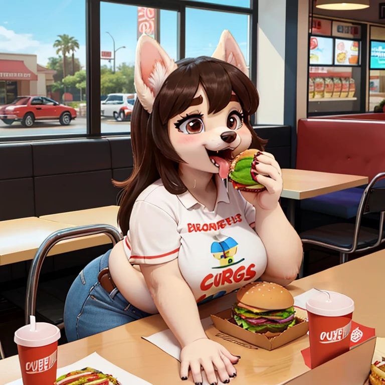 Dog sitting in fast food restaurant, eating a burger, she has a jiggly fat round belly, love handles, crop top, tight clothes, (on table are several more burgers fries, and a large drink)