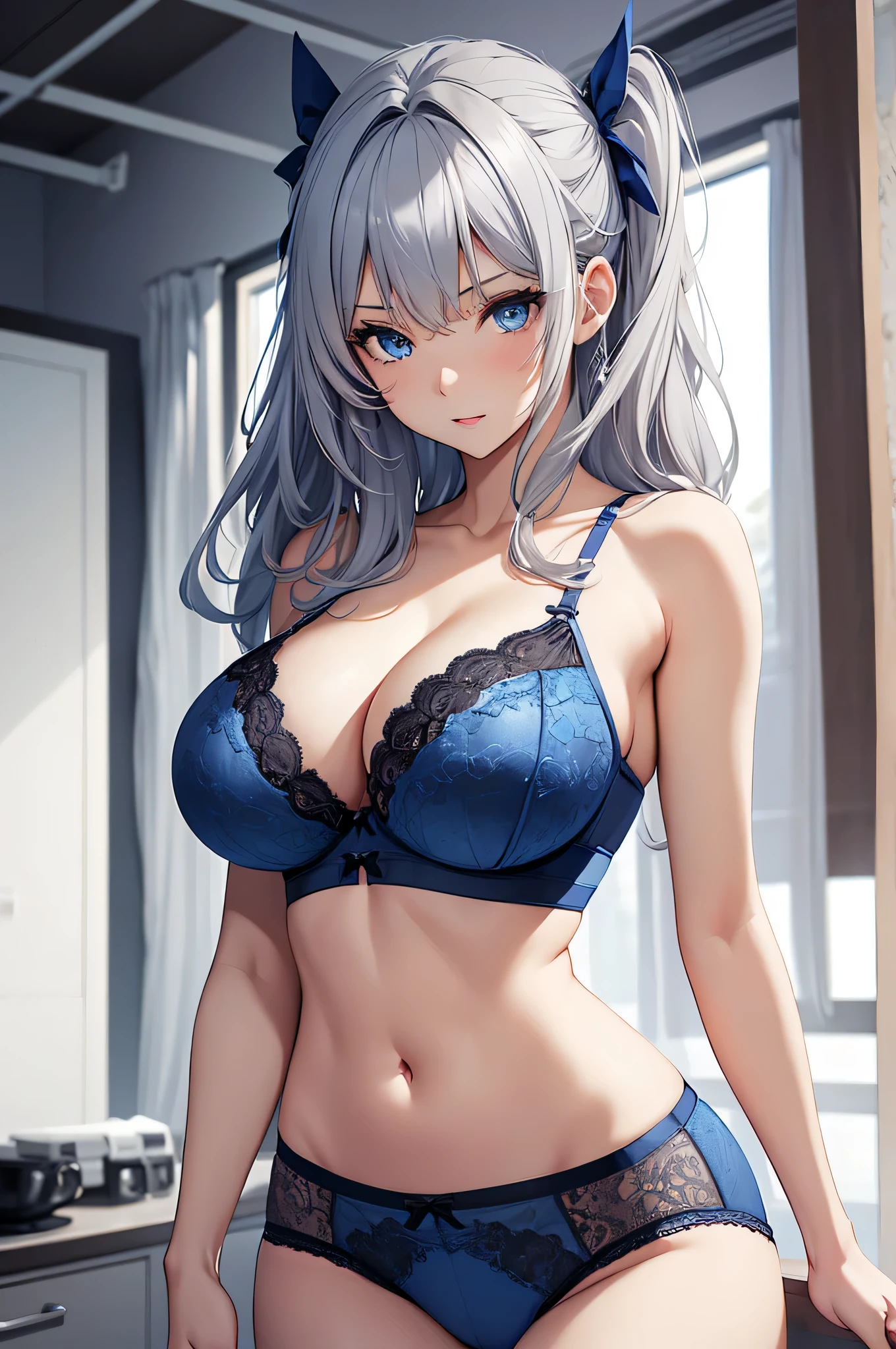 beautiful girl, Gray Hair, blue eyes, Sexy blue underwear, Big Breasts,