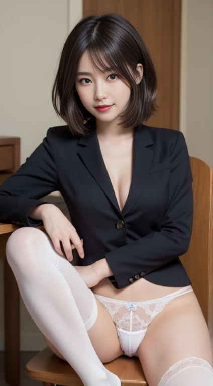 Tabletop, highest quality, shape, Very detailed, finely, High resolution, 8k wallpaper, 完璧なダイナミックな構shape, finelyて美しい目, suit,hot cut hair，Natural color lip, Sit on a chair and spread your legs,smile、25-year-old woman，Red eyeshadow，White panties、Panty shot、When wearing black tights or stockings，