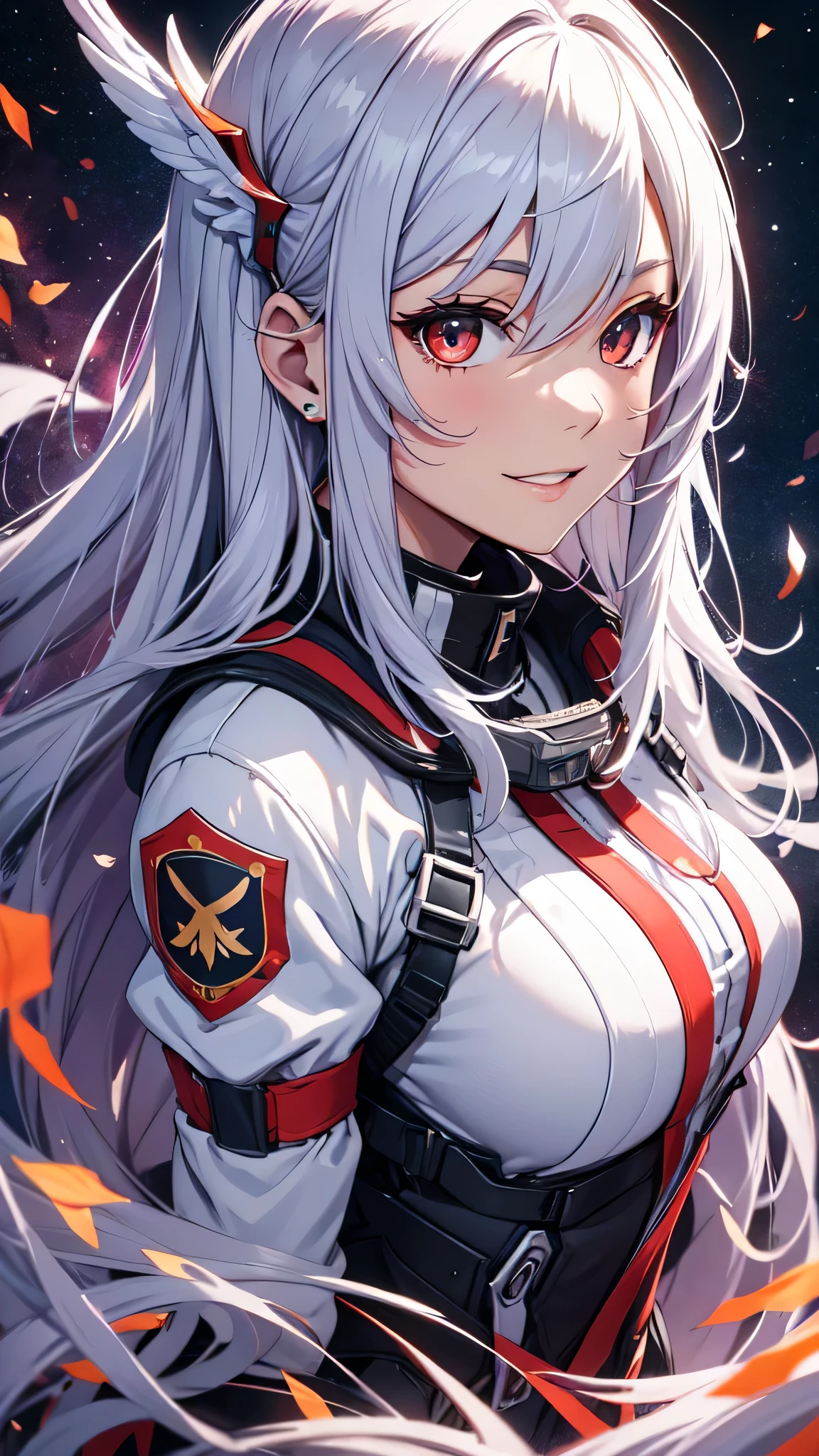 最high quality、Best image quality、masterpiece、girl((18-year-old、 By becoming、Best Bust、Medium Bust,Wide open breast tea、Red glowing eyes,Silver Hair、Disheveled Hair、Long Hair、thin,The highest valley、Beautiful valley、White wristband、smile、hair ornamentany accessories、Black space suit、red body line、Angle from directly above、Disheveled clothing、Show the whole body,Floating State、Excited face,No sleeve)),high quality、Beautiful art、background((Institute for Space Research))、Flight、Flying debris、Written boundary depth、movie、Visual Arts、Perfect art、8K,Genuine、depth((Earth))