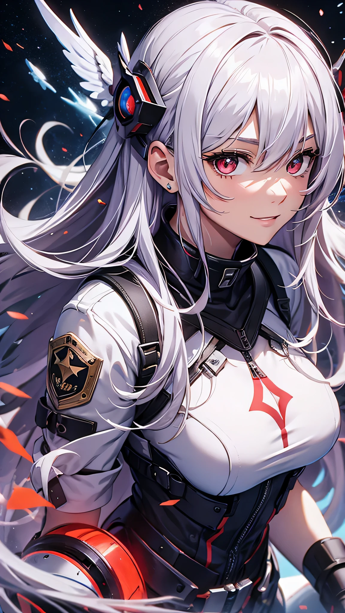 最high quality、Best image quality、masterpiece、girl((18-year-old、 By becoming、Best Bust、Medium Bust,Wide open breast tea、Red glowing eyes,Silver Hair、Disheveled Hair、Long Hair、thin,The highest valley、Beautiful valley、White wristband、smile、hair ornamentany accessories、Black space suit、red body line、Angle from directly above、Disheveled clothing、Show the whole body,Floating State、Excited face,No sleeve)),high quality、Beautiful art、background((Institute for Space Research))、Flight、Flying debris、Written boundary depth、movie、Visual Arts、Perfect art、8K,Genuine、depth((Earth))