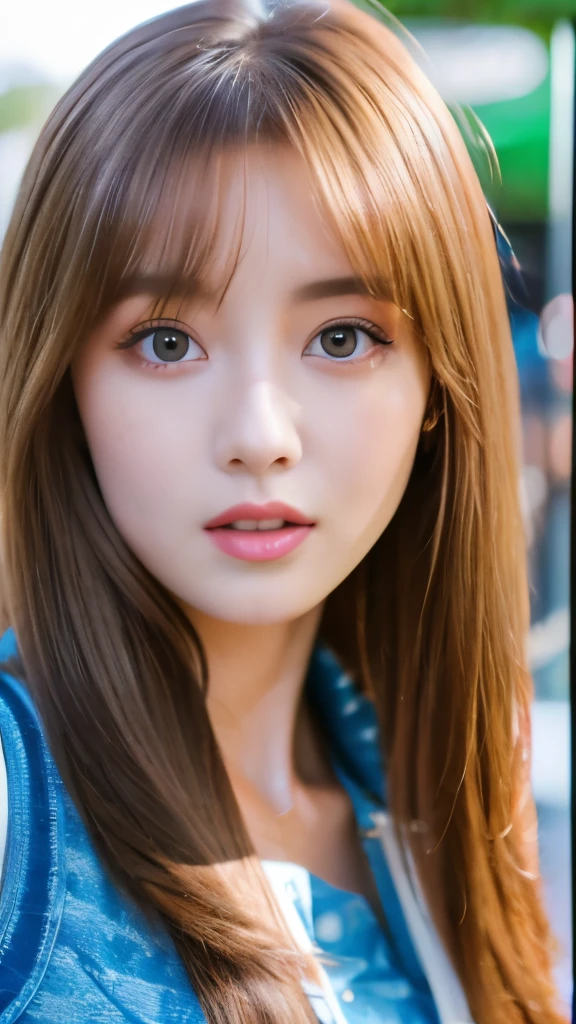 Best quality, 8k,  ,Masterpiece :1.3)), facing viewer,((full body1.2)) ,pretty woman, wide shot ,1girl, , selfie   , , Bus Stop,, brown hair  , bangs,ultra-detailed face, highly detailed lips, detailed eyes, double eyelid
