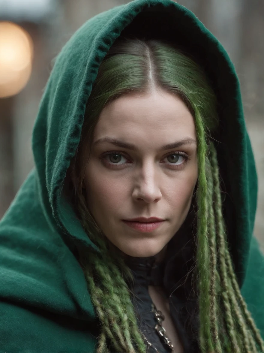 Frau, alter 30, athletic physique, mechanische Arme, Laserschwert in der rechten Hand, Long green dreadlocks, dark hooded cloak over the back