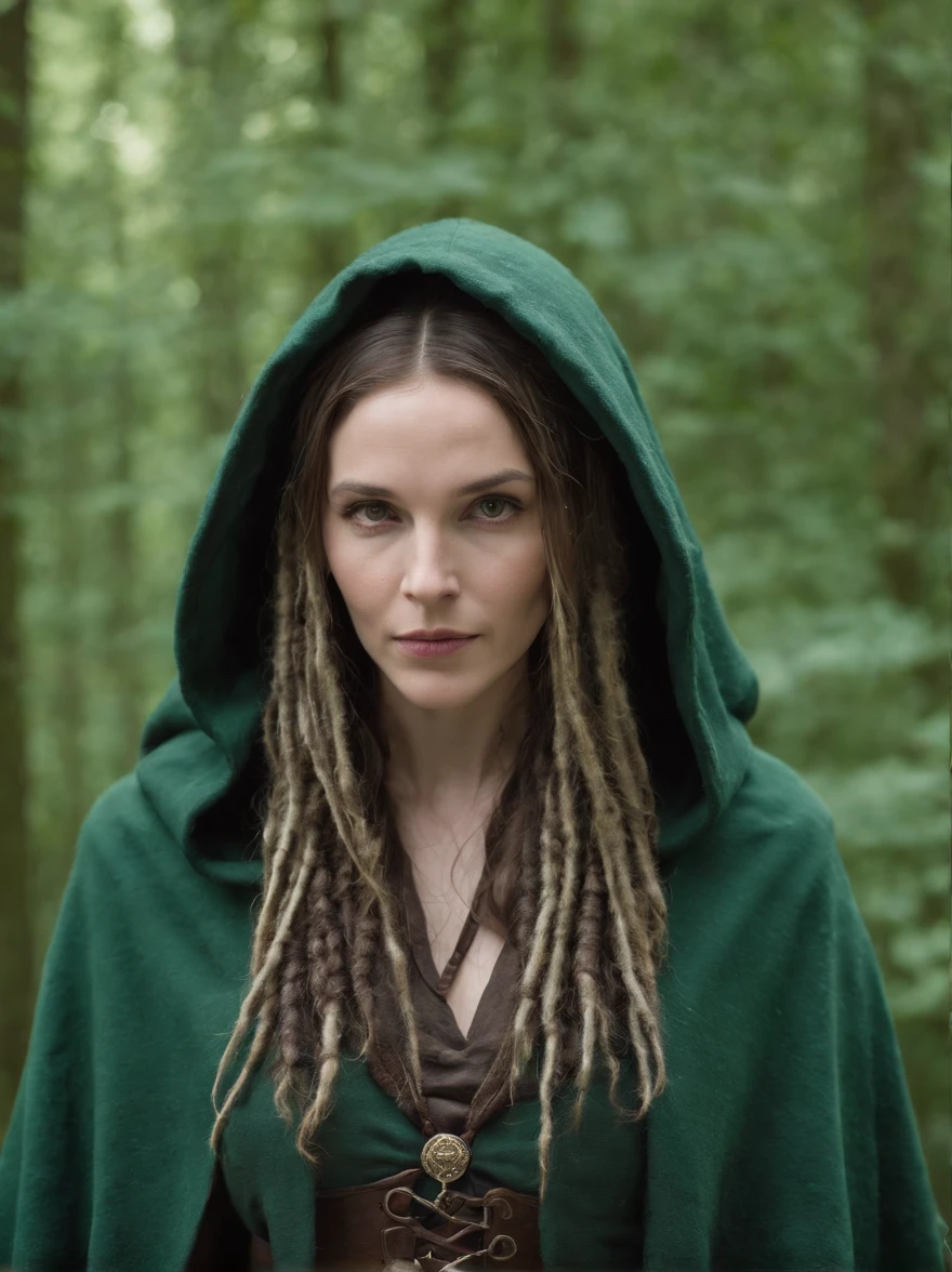 Frau, alter 30, athletic physique, mechanische Arme, Laserschwert in der rechten Hand, Long green dreadlocks, dark hooded cloak over the back